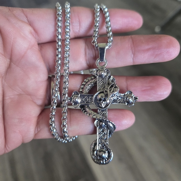 Vintage Dragon Skull Cross Mystical Punk Style Stainless Steel Pendant Necklace - Picture 6 of 13